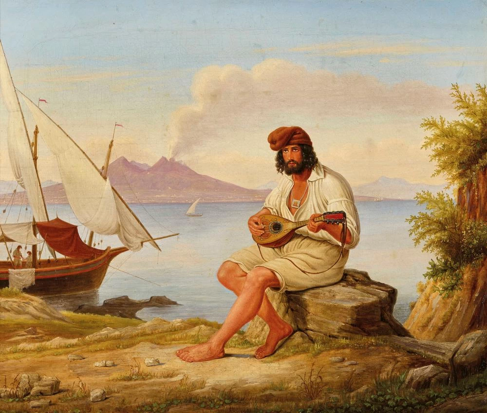 Suonatore di mandolino davanti al paesaggio del Vesuvio